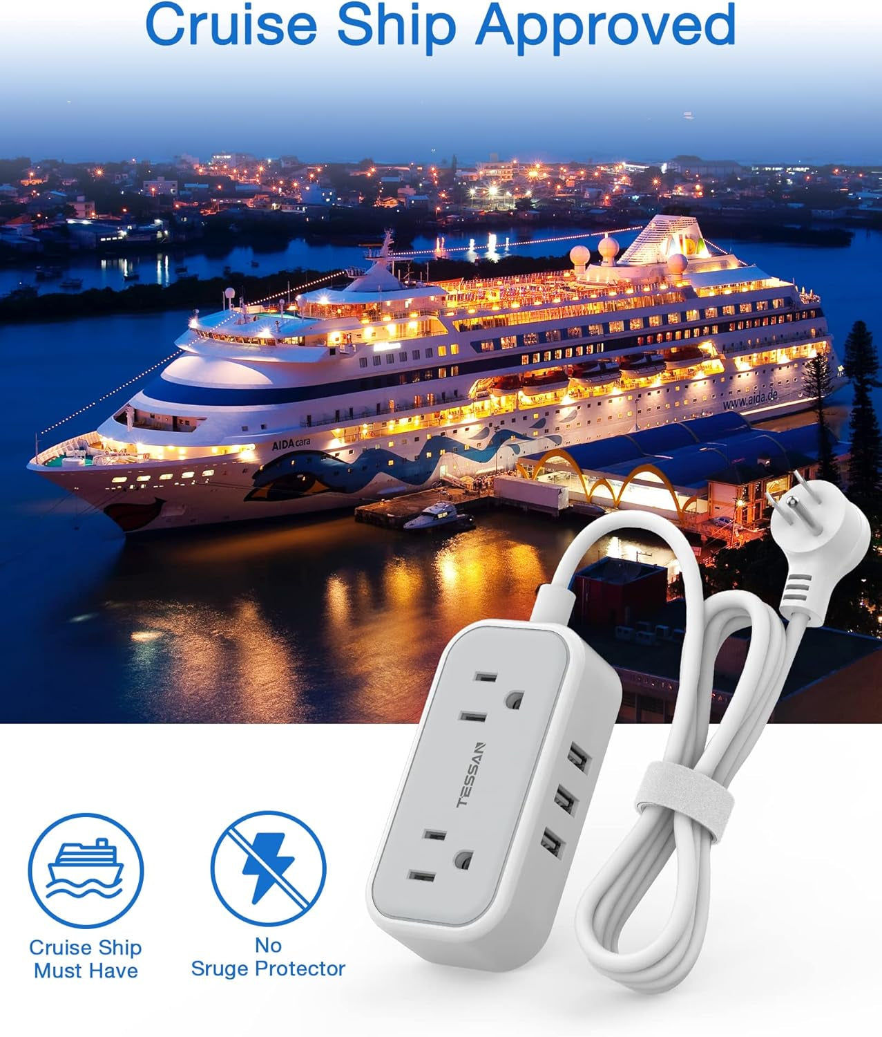 Small Power Strip, Extension Cord with 2 AC Outlets 3 USB Ports, Mini Desk Charging Station for Cruise Travel Office School Dorm Room Essentials, 5 FT