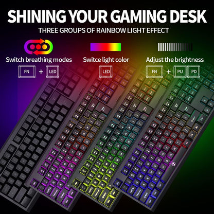 C104 Wireless Gaming Keyboard and Mouse Combo - RGB Backlit, Mechanical Feel, Anti-Ghosting, Rechargeable Battery, 7D 3200DPI Mice for Gamers