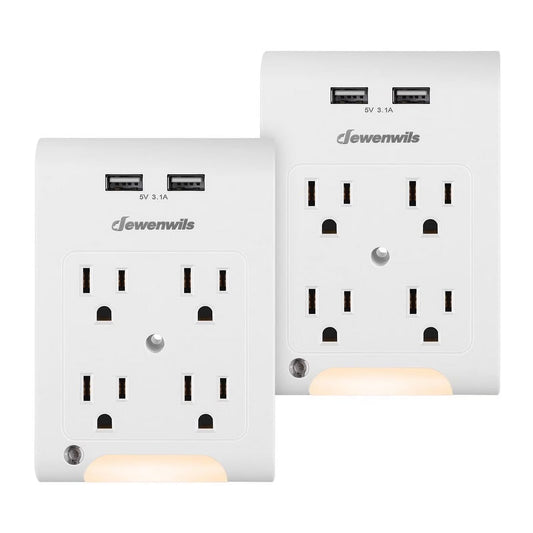 Multi Plug Outlet 2 Pack, 4-Outlet Extender with 2 USB Ports, Outlet Splitter, Light Sensor Night Light Adapter, 1080 Joules Surge Protector, ETL Listed