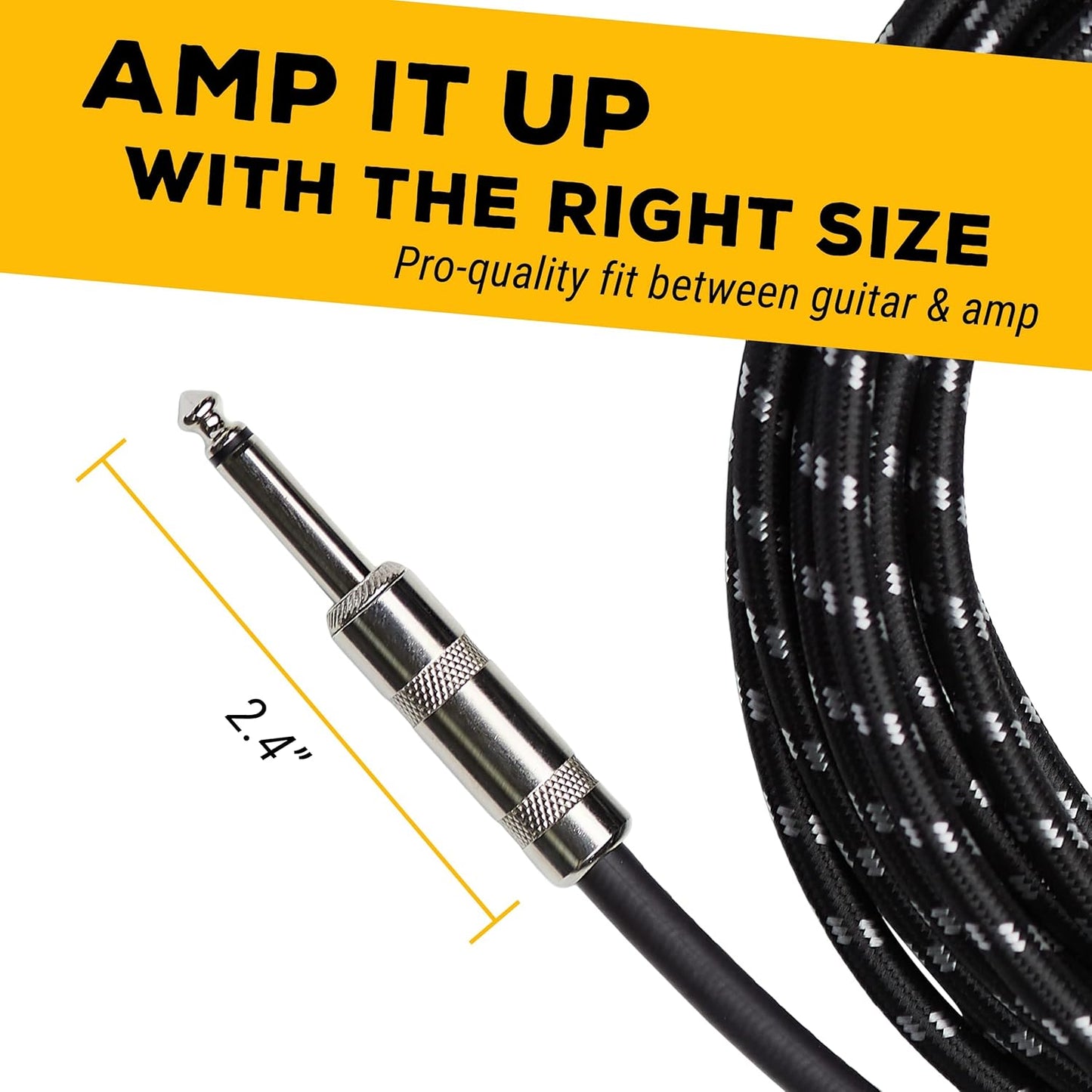 Instrument Cable - 1/4 Inch TS to 1/4 Inch - for Bass/Electric Guitar - Black/Grey Braided Tweed, 20 Ft - Electric Guitar Cable