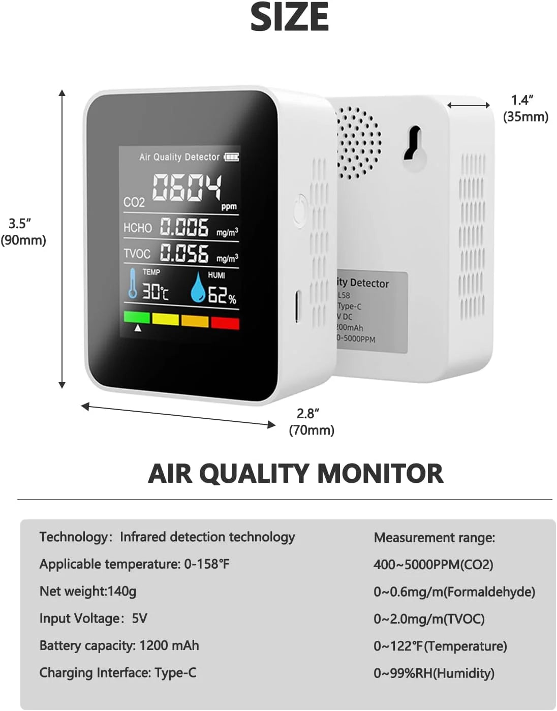 Air Quality Monitor Indoor, 5-In-1 Professional Portable CO2 Detector, TVOC HCHO Humidity Temperature Meter, White