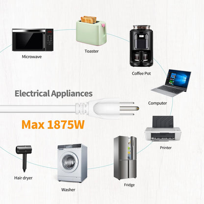 1875W Heavy Duty Extension Cord 6 Feet 14 AWG 15A White