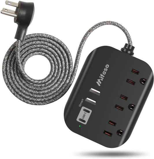 Travel Essentials -  Power Strip with USB, Compact Flat Plug Extension Cord 5Ft with 3 Outlets 4 USB Ports, Non Surge Cruise Must Haves, Cruise Ship Essentials, Dorm Room, Apartment Essentials