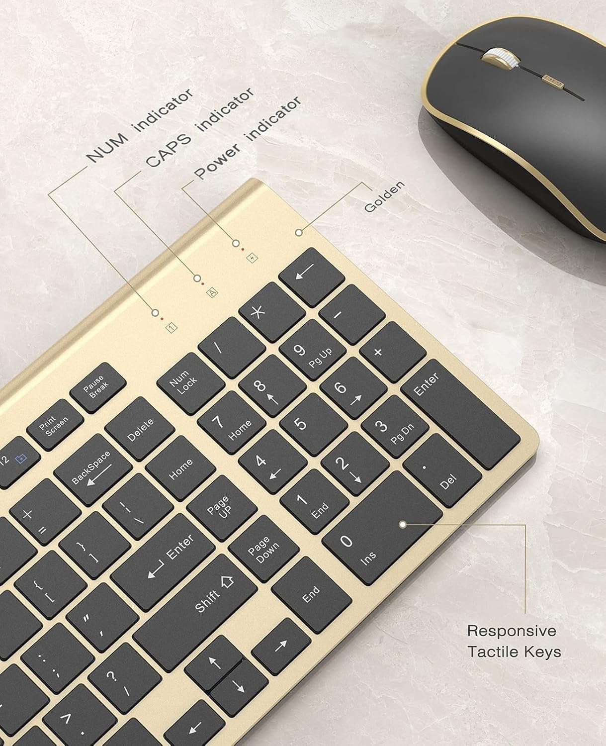 Wireless Keyboard Mouse, Ultra Slim and Compact Computer Cordless Keyboard and Mouse Combo for Laptop, Windows,Desktop, Pc-Black Gold