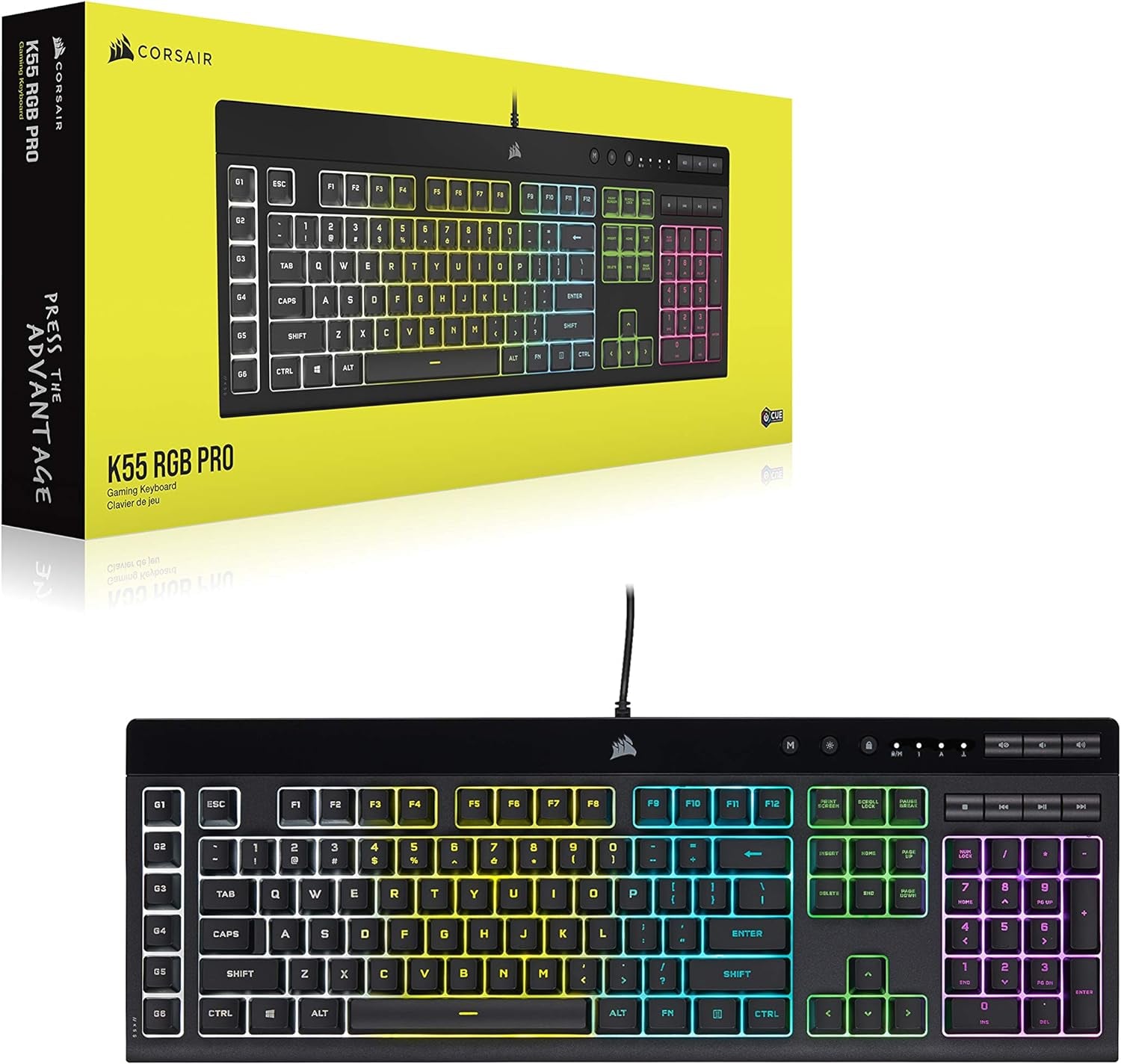 K55 RGB Pro-Dynamic RGB Backlighting - Six Macro Keys with Elgato Stream Deck Software Integration-Ip42 Dust and Spill Resistant-Detachable Palm Rest-Dedicated Media and Volume Keys, Black