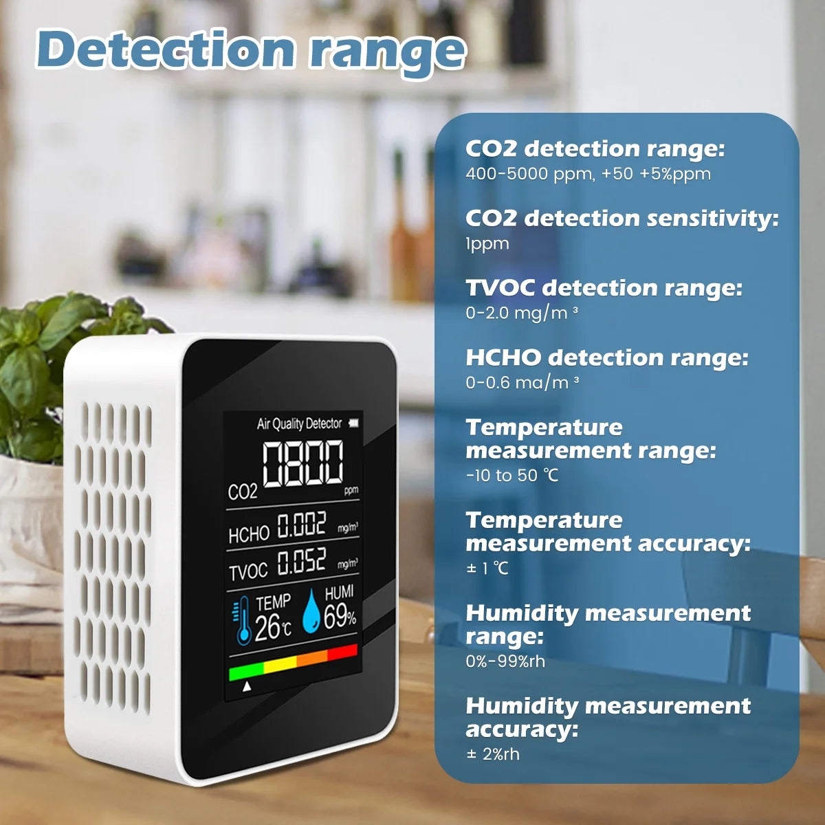 Air Quality Monitor Indoor, 5-In-1 Professional Portable CO2 Detector, TVOC HCHO Humidity Temperature Meter, White