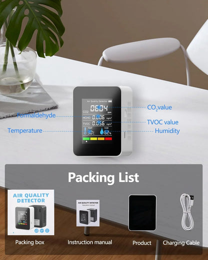 Air Quality Monitor Indoor, 5-In-1 Professional Portable CO2 Detector, TVOC HCHO Humidity Temperature Meter, White