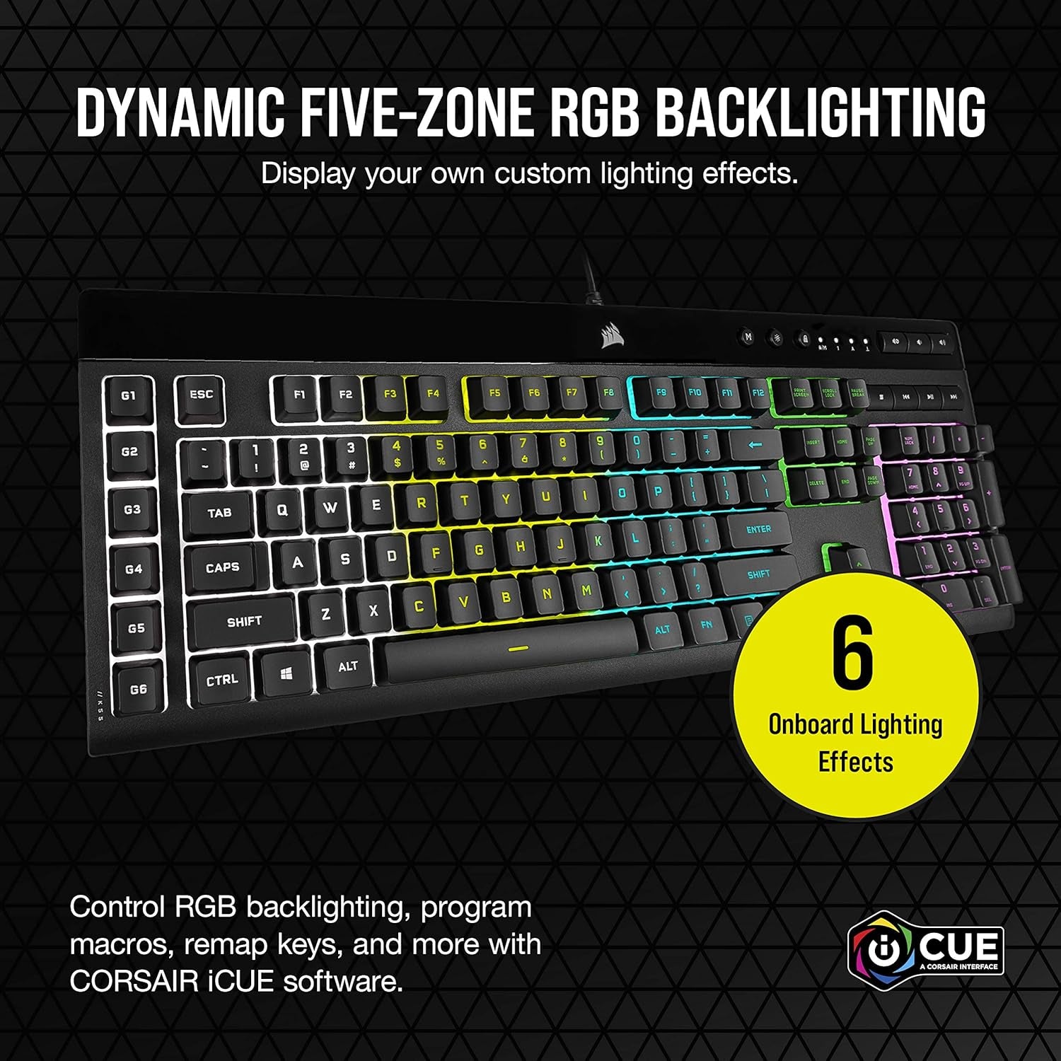 K55 RGB Pro-Dynamic RGB Backlighting - Six Macro Keys with Elgato Stream Deck Software Integration-Ip42 Dust and Spill Resistant-Detachable Palm Rest-Dedicated Media and Volume Keys, Black