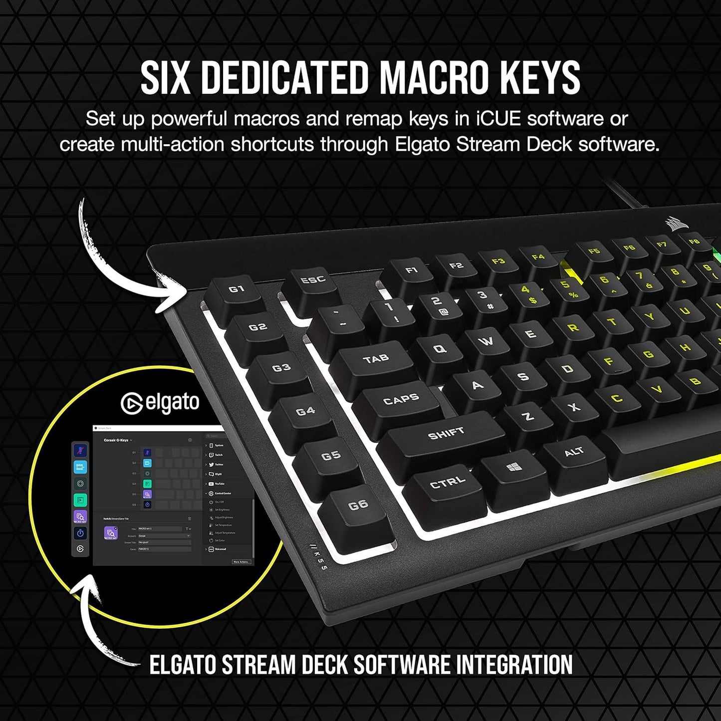 K55 RGB Pro-Dynamic RGB Backlighting - Six Macro Keys with Elgato Stream Deck Software Integration-Ip42 Dust and Spill Resistant-Detachable Palm Rest-Dedicated Media and Volume Keys, Black