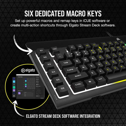 K55 RGB Pro-Dynamic RGB Backlighting - Six Macro Keys with Elgato Stream Deck Software Integration-Ip42 Dust and Spill Resistant-Detachable Palm Rest-Dedicated Media and Volume Keys, Black