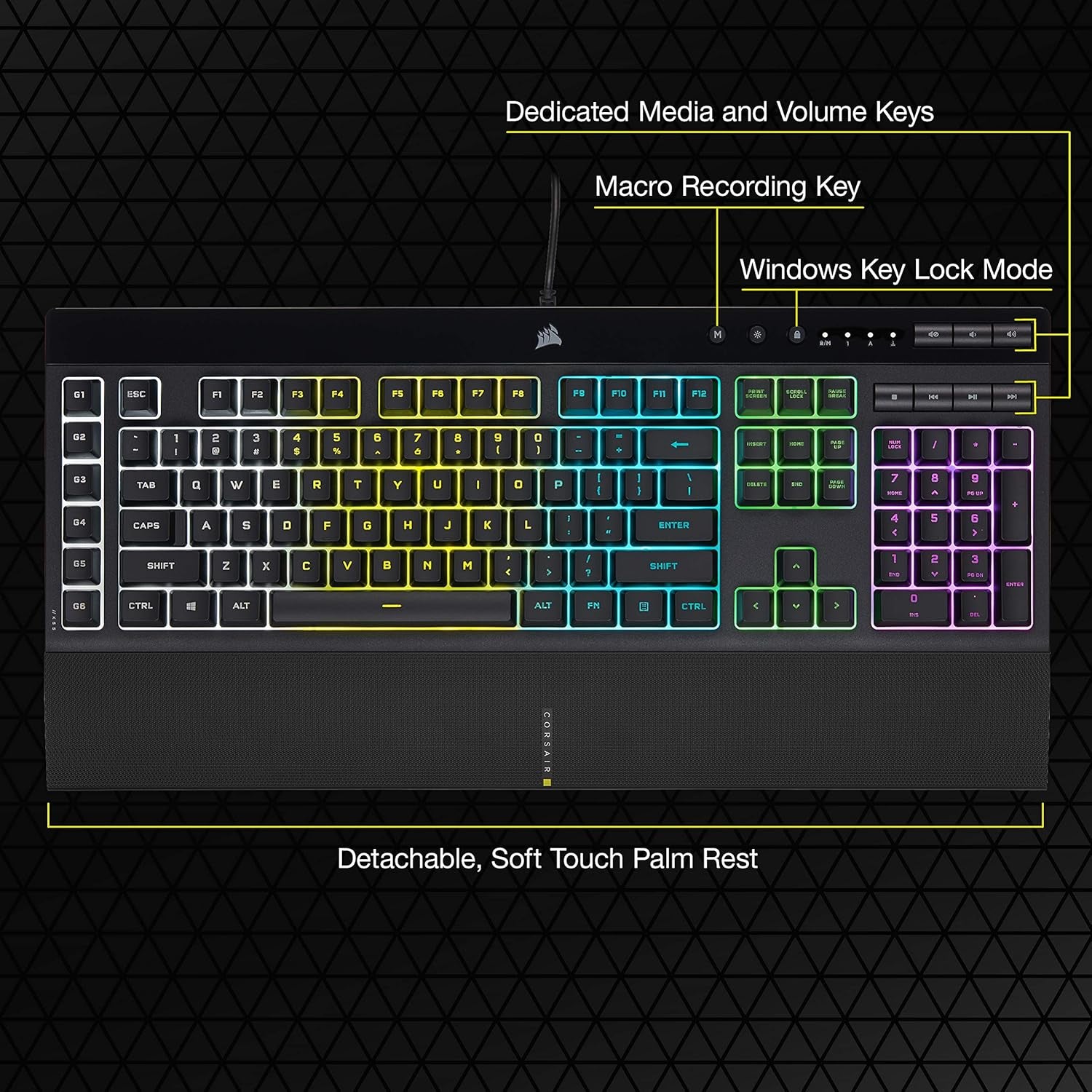 K55 RGB Pro-Dynamic RGB Backlighting - Six Macro Keys with Elgato Stream Deck Software Integration-Ip42 Dust and Spill Resistant-Detachable Palm Rest-Dedicated Media and Volume Keys, Black