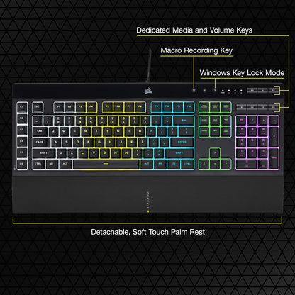K55 RGB Pro-Dynamic RGB Backlighting - Six Macro Keys with Elgato Stream Deck Software Integration-Ip42 Dust and Spill Resistant-Detachable Palm Rest-Dedicated Media and Volume Keys, Black