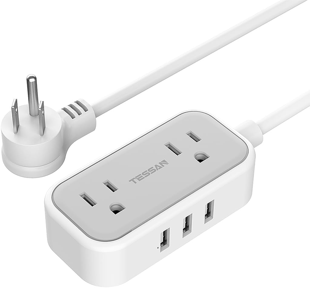 Small Power Strip,  Extension Cord with 2 AC Outlets 3 USB Ports, Mini Desk Charging Station for Cruise Travel Office School Dorm Room Essentials, 5 FT