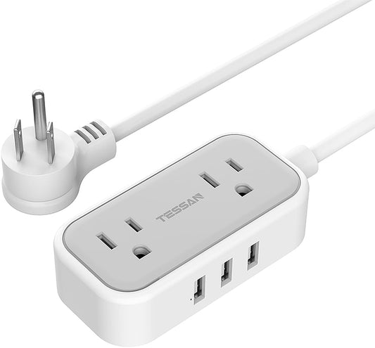 Small Power Strip,  Extension Cord with 2 AC Outlets 3 USB Ports, Mini Desk Charging Station for Cruise Travel Office School Dorm Room Essentials, 5 FT