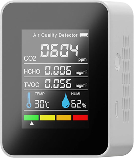 Air Quality Monitor Indoor, 5-In-1 Professional Portable CO2 Detector, TVOC HCHO Humidity Temperature Meter, White