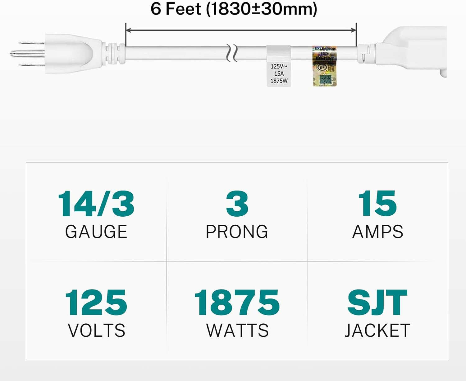 1875W Heavy Duty Extension Cord 6 Feet 14 AWG 15A White