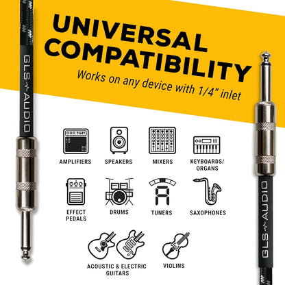 Instrument Cable - 1/4 Inch TS to 1/4 Inch - for Bass/Electric Guitar - Black/Grey Braided Tweed, 20 Ft - Electric Guitar Cable