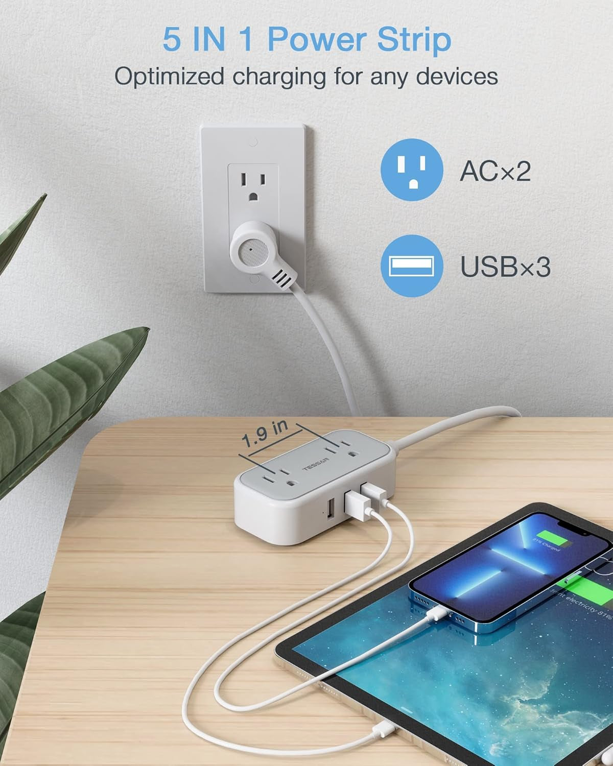 Small Power Strip,  Extension Cord with 2 AC Outlets 3 USB Ports, Mini Desk Charging Station for Cruise Travel Office School Dorm Room Essentials, 5 FT