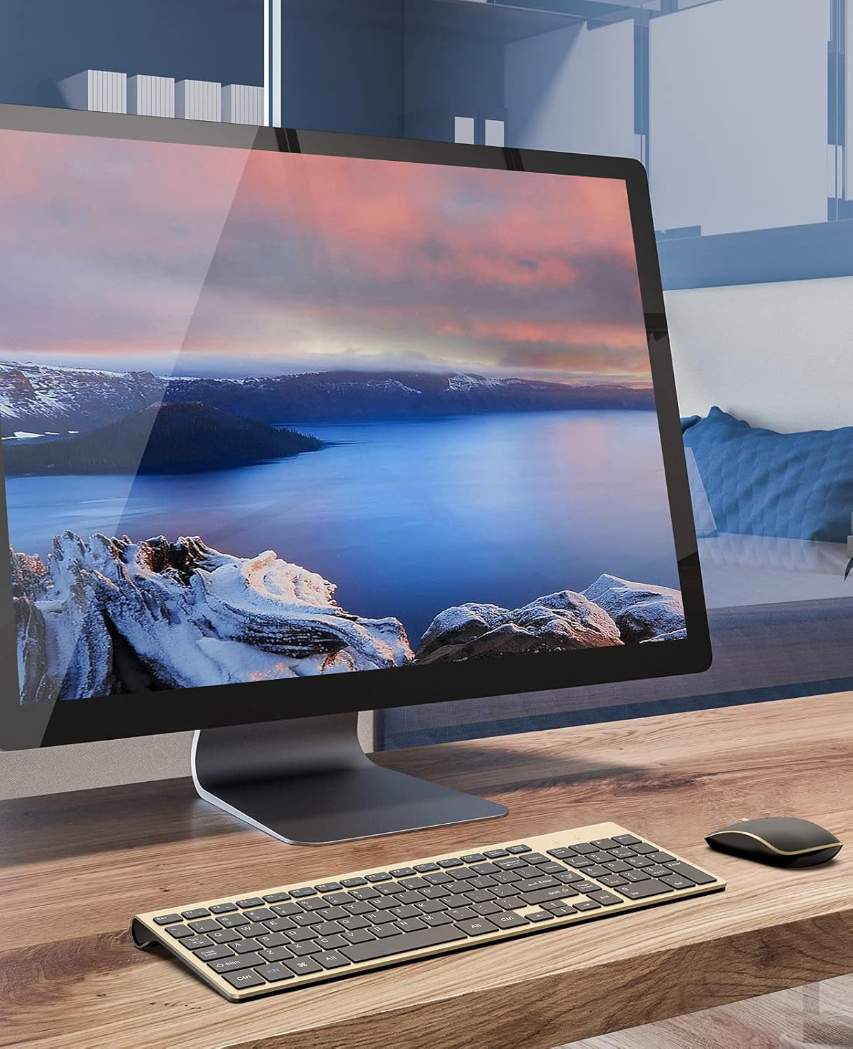 Wireless Keyboard Mouse, Ultra Slim and Compact Computer Cordless Keyboard and Mouse Combo for Laptop, Windows,Desktop, Pc-Black Gold