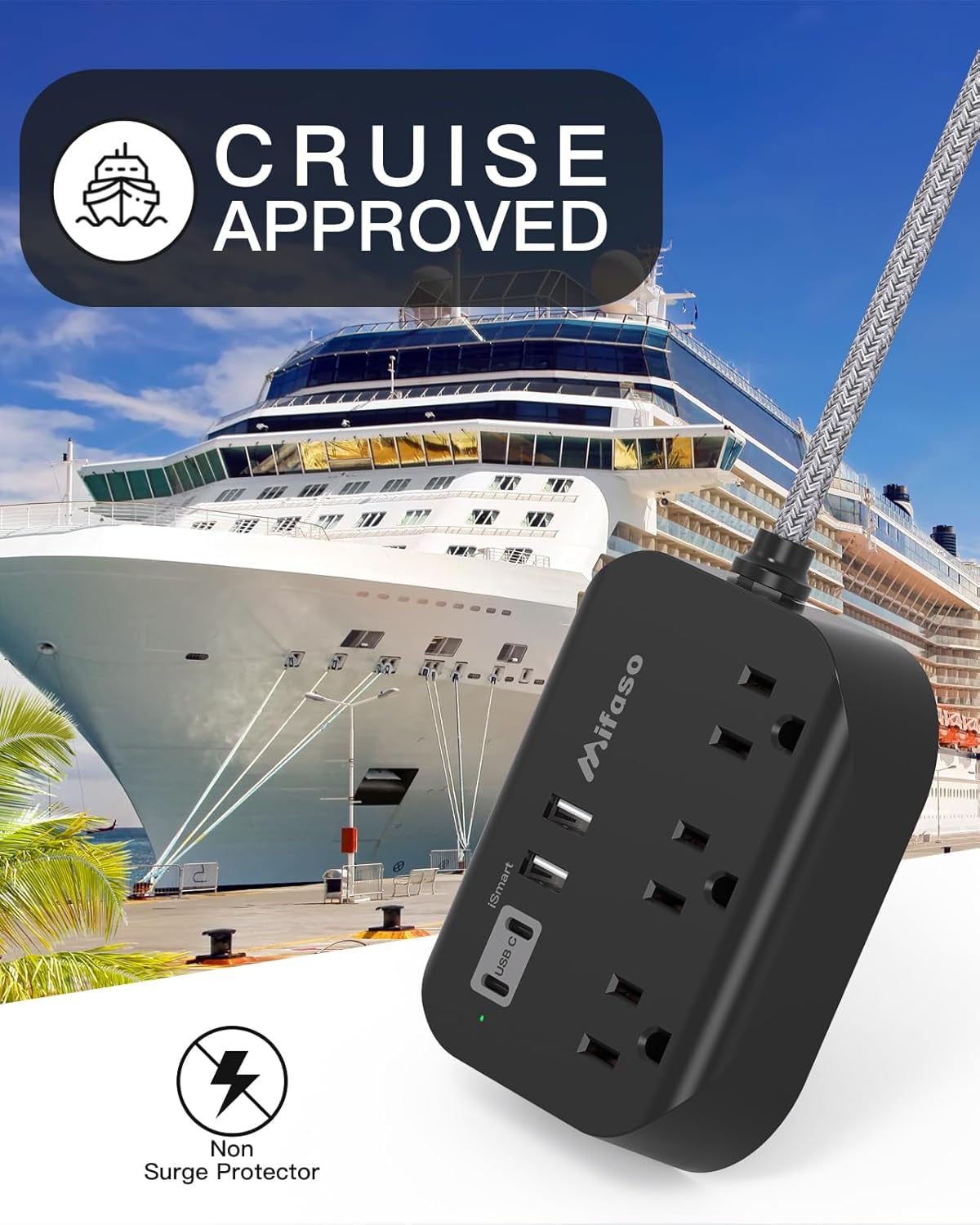Travel Essentials -  Power Strip with USB, Compact Flat Plug Extension Cord 5Ft with 3 Outlets 4 USB Ports, Non Surge Cruise Must Haves, Cruise Ship Essentials, Dorm Room, Apartment Essentials