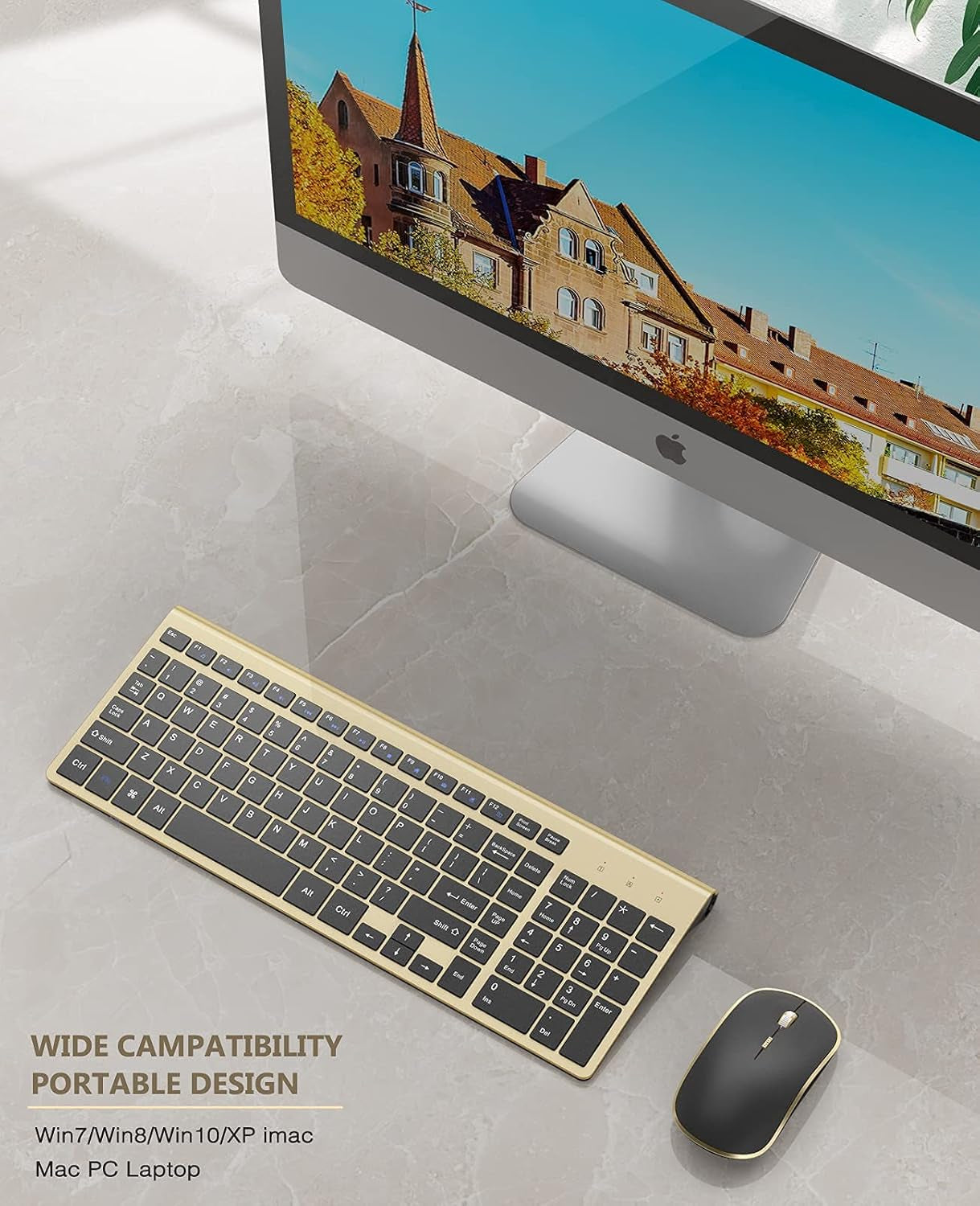Wireless Keyboard Mouse, Ultra Slim and Compact Computer Cordless Keyboard and Mouse Combo for Laptop, Windows,Desktop, Pc-Black Gold