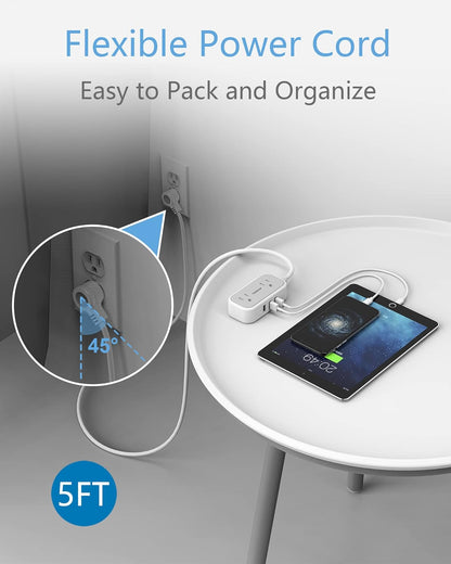 Small Power Strip,  Extension Cord with 2 AC Outlets 3 USB Ports, Mini Desk Charging Station for Cruise Travel Office School Dorm Room Essentials, 5 FT