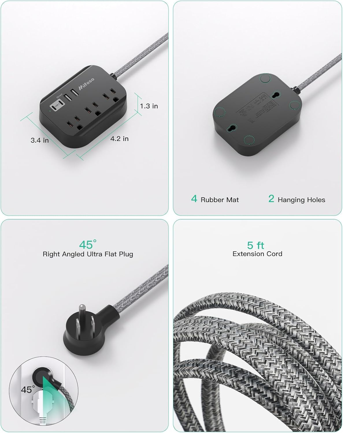 Travel Essentials -  Power Strip with USB, Compact Flat Plug Extension Cord 5Ft with 3 Outlets 4 USB Ports, Non Surge Cruise Must Haves, Cruise Ship Essentials, Dorm Room, Apartment Essentials