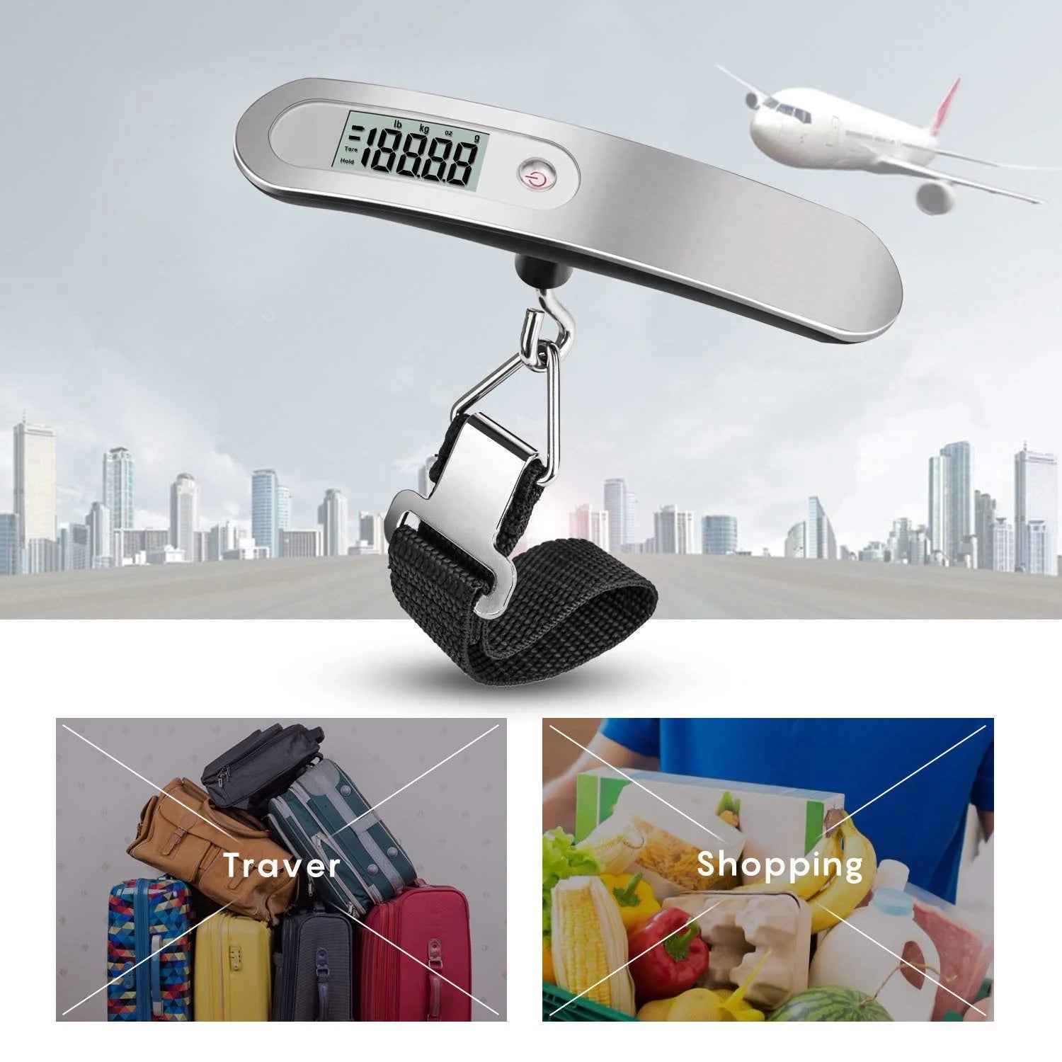 Digital Luggage Scale, Gift for Traveler Suitcase Handheld Weight Scale, Suitcase Weight Scale with Hook Travel Accessories for Portable Hanging Baggage 110Lbs (Silver)